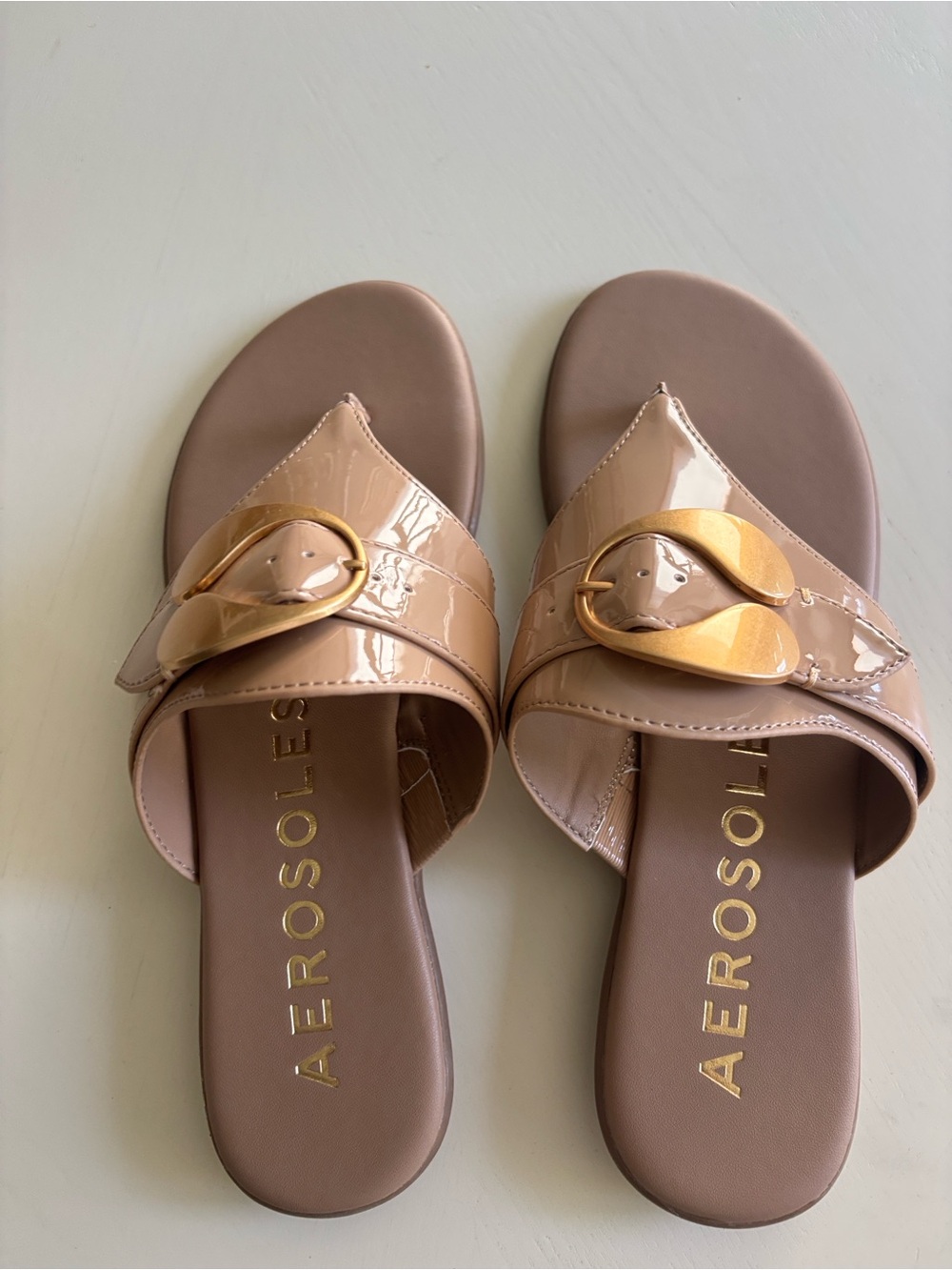 AEROSOLES Patent Buckle Slide Sandal in Blush Nude with Gold Buckle